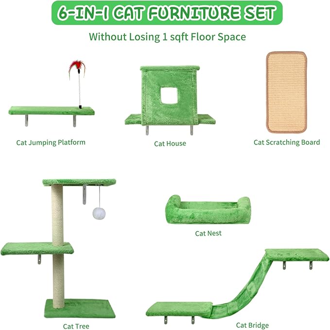 Cat Wall Shelves, 6 in 1 Cat Wall Furniture Set with Condos House, Bed, Bridge, Tree, Steps, Scratching Board, DIY Walls Playground for Indoor (Green)