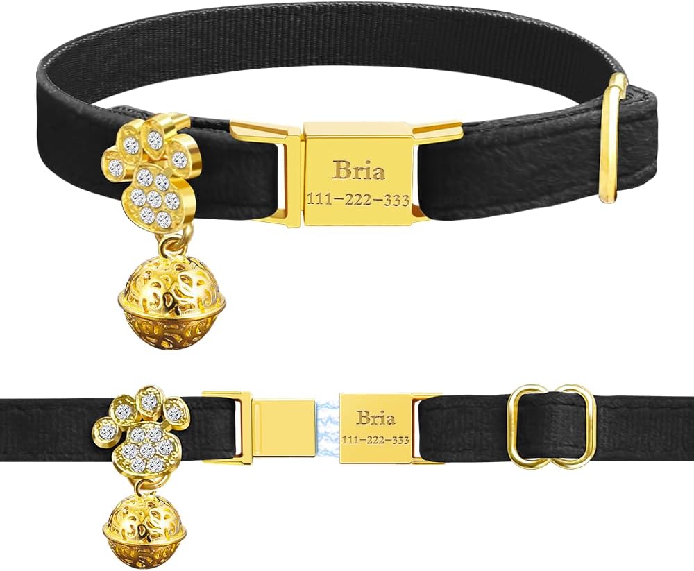 Personalized Breakaway Cat Collars - Magnetic Buckle, Bell - Safety Quick Release, Customized for Girls & Boys Cats- (Velvet-Black)
