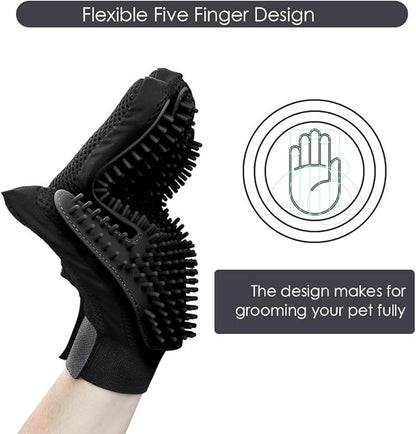 Upgrade Version Pet Grooming Glove - Gentle Deshedding Brush Glove for Dogs, Cats & Horses with Long and Short Fur - Efficient Pet Hair Remover Mitt - Enhanced Five Finger Design - 1 Pair (Black)
