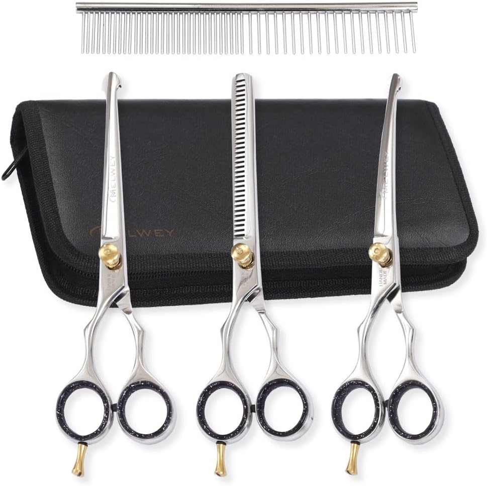 Left-Handed Pet dog Grooming Scissors Set Pro-Grade Curved Shears for Dogs Cats - Precision Crafted Sharp Blades Comfort Grip - Ideal for Cutting Curving Thinning (LH Round Tip Kit)