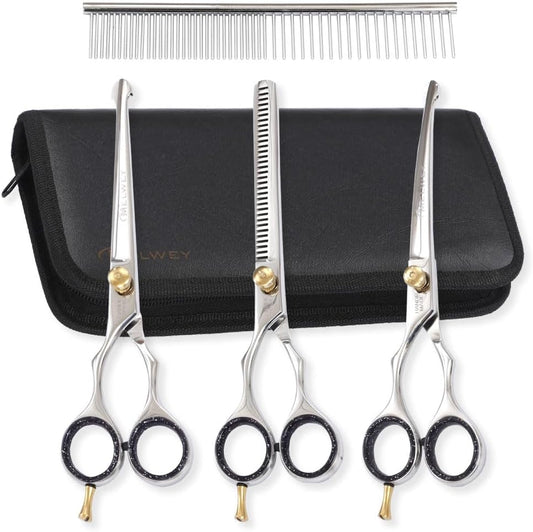 Left-Handed Pet dog Grooming Scissors Set Pro-Grade Curved Shears for Dogs Cats - Precision Crafted Sharp Blades Comfort Grip - Ideal for Cutting Curving Thinning (LH Round Tip Kit)