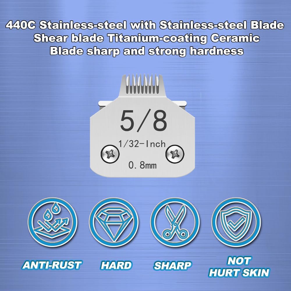 TRAH 5/8 Blade Dog Grooming Clipper Replacement Blades Compatible with Andis Dog Clippers,Most A5, KM Series Clippers,Detachable Stainless-Steel Blade,Size-5/8, 1/32-Inch Cut Length (0.8mm) Silver