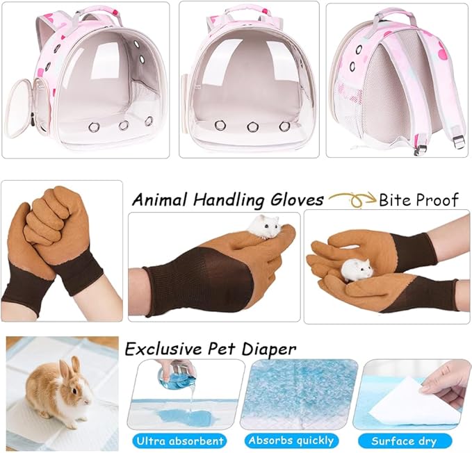 Portable Small Animal Backpack with Pink Flower Printing, Space Capsule Bubble Pet Carrier Cage Travel for Guinea Pig, Rabbit, Hamster, Bird, Bearded Dragon, Sugar Glider, Squirrel, Tortoise, Lizard