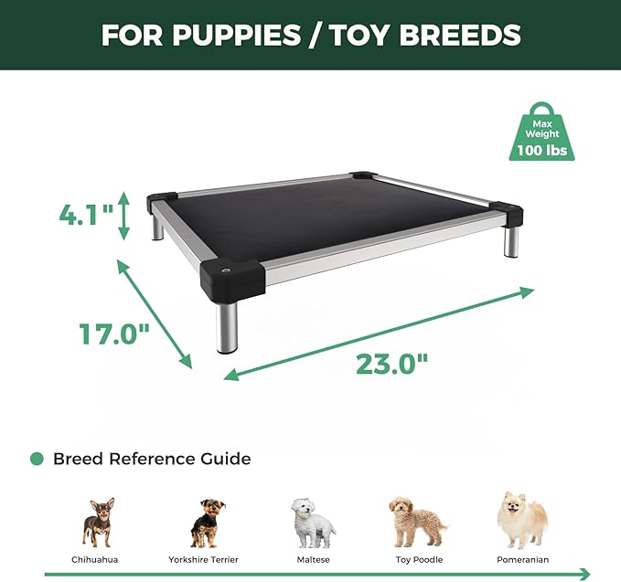 FXW TitanNest Chew-Proof Elevated Dog Bed, Raised Cot for Indoor/Outdoor/Camping Use, Durable & Washable Padded Pet Bed for Toy Dogs, 23.0" L x 17.0" W x 4.5" H, Black