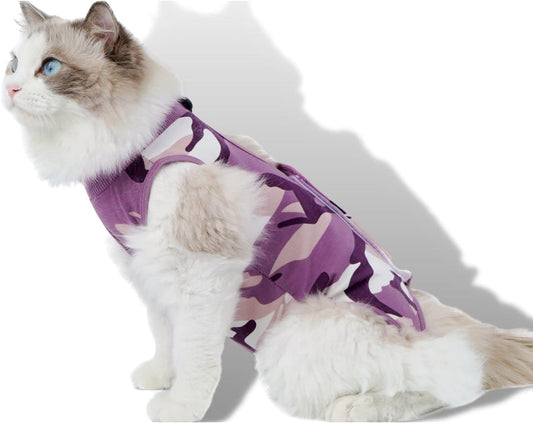 New Professional Cat Recovery Suit After Surgery as E-Collar Alternative, Kitten Recovery Suit for Spay to Cover Abdominal Wounds, Camouflage Apparel Anti-Licking Cat Onesie (S, Purple)