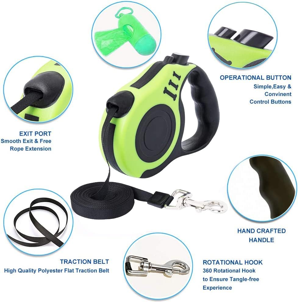 Retractable Green Dog Leash for Medium & Small Dogs & Cats - 16.5FT Tangle Free, Heavy Duty Walking Leash with Anti Slip Handle, Pause & Lock Strong Nylon Tape