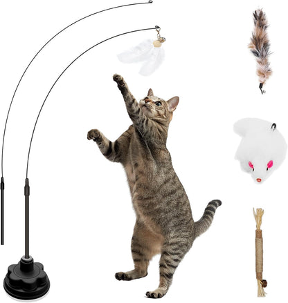 Suction Cup Cat Toys for Indoor Cats,3 in 1 Interactive cat Toys for Indoor Cats,Self Play or Handheld,Feathers & Bells,Realistic Toy Mouse and Silvervine Sticks（Black）