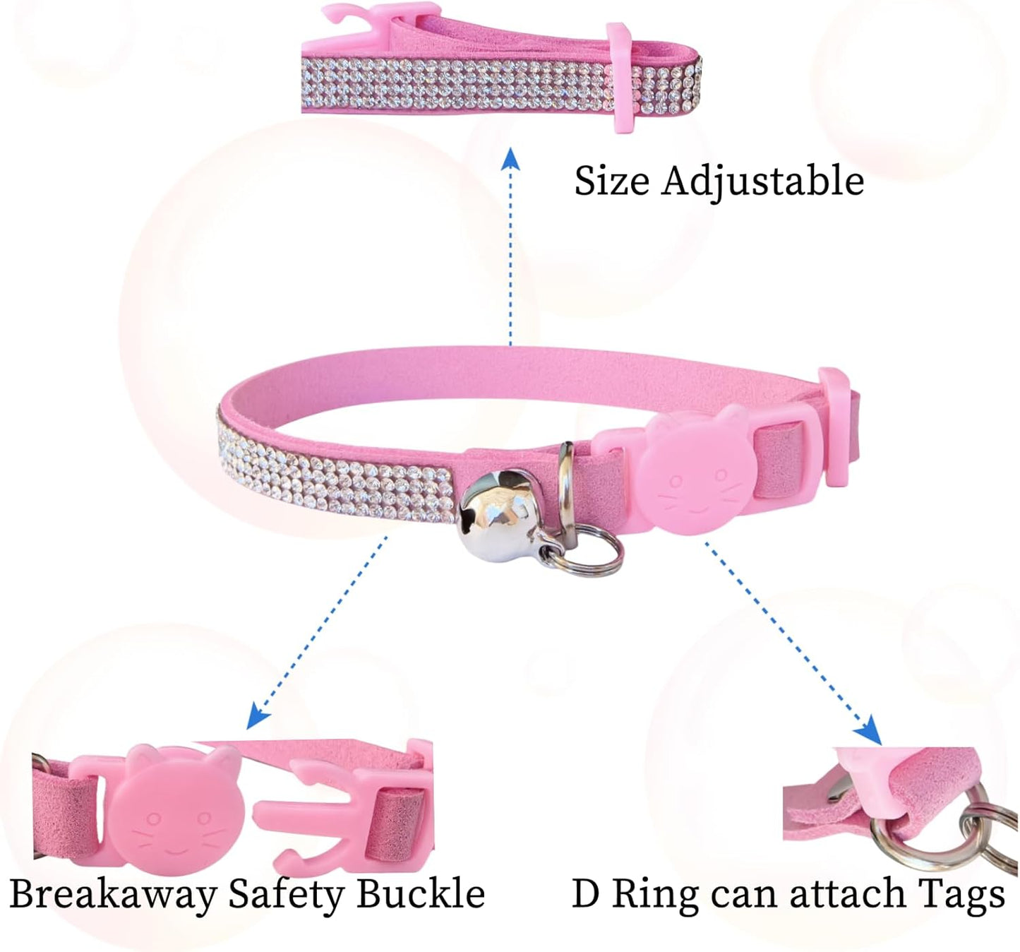 Pack of 2 Rhinestone Cat Collar Breakaway Safety Buckle with Bell, Adjustable Diamond Girl Boy Kitty Cute Comfy Collar for Kitten Small Pets Rabbits, 7.5"-11"