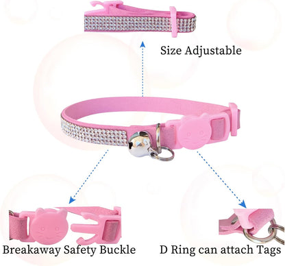 Rhinestone Cat Collar Breakaway with Bell Safety Buckle, Adjustable Diamond Girl Boy Kitty Cute Comfy Collar for Kitten Tiny Little Pets Rabbits, 6"-9" Pink Extra Small