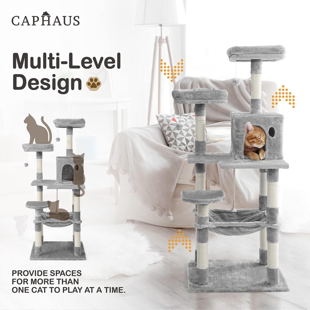 CAPHAUS Tall Cat Tree for Indoor Cats, Modern Cute 58-Inch Cat Climbing Play Tower with Top Perch for Large Cats Kittens, Multi-Level Cat Activity Tree w Scratching Posts, Hammock, Cat Cave Condo