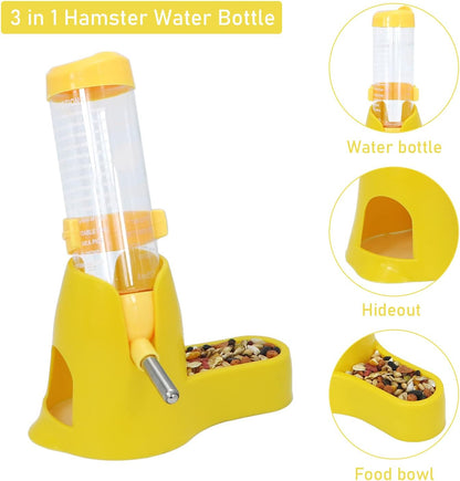 3 in 1 Hamster Hanging Water Bottle Pet Auto Dispenser with Base for Dwarf Hamster Mouse Rat Hedgehog (125ML, Yellow)
