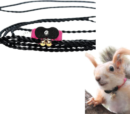 Squirrel Chipmunk Traction Rope Strap Anti-Biting Chain Rope, Small Animal Walking Collar Harness with Lead Leash for Hamster Gerbil Rat Mouse Ferret Chinchilla (Black with Pink)