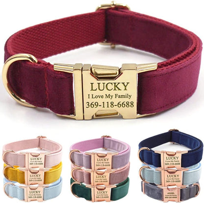 PETDURO Custom Dog Collar Personalized with Name Engraved Gold Metal Buckle for Large Medium Small Girl Dogs - Dog Leash Bow Tie and Harness Available - Soft Comfy Velvet (Claret G, L)