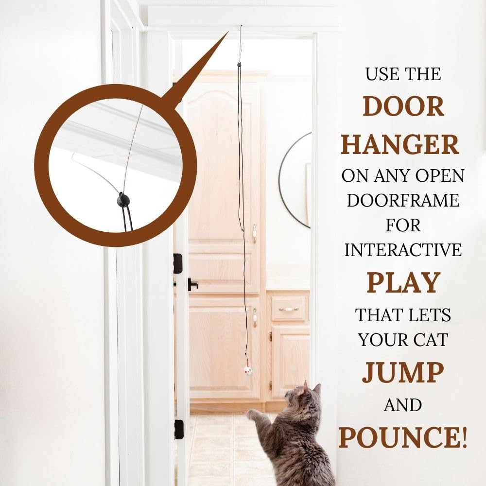 Cat Toys Set Cat Fishing Pole Retractable Wand Suction Cup & Hanging Teaser Wand for Indoor Cats & Kittens Feather Attachments Ribbon