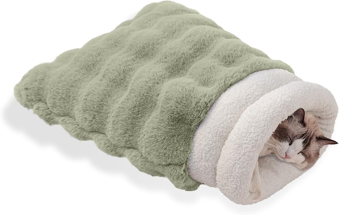 Cat Sleeping Bags for Indoor Cats Self Warming Cat Bed Fits up to 15 lbs Pets Soft Plush Warm Bed 360° Wrap Bag Washable Comfortable Pet Sleeping Bed 21" × 17" Green