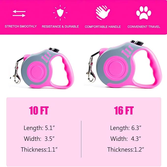 Retractable Dog Leash Lightweight 10/16FT Leash with Non-Slip Handle, for Small Medium Dogs (Gray Pink, 16 FT)