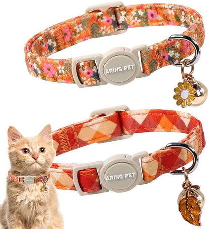 ARING PET 2 Pack Cat Collars, Breakaway Cotton Fall Halloween Kitten Collar with Bells for Girl Boy Cats Floral & Orange Plaid