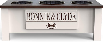 GrooveThis Woodshop - Personalized Elevated Triple Dog Bowl Stand for Large, Medium, Small, X-Small Dogs - 3 Stainless Steel Food and Water Bowls - Raised Dog Dish - Internal Storage (Medium, Brown)