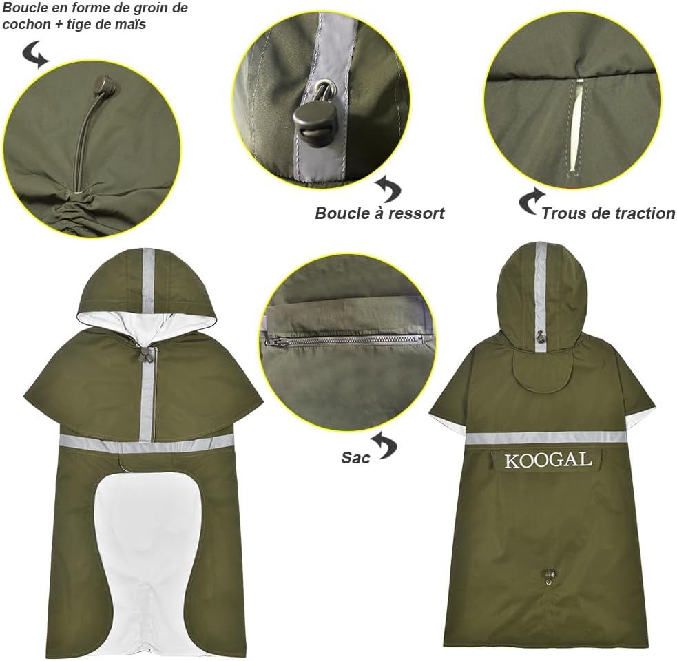 Green Waterproof Raincoat, 2XL for Small Dogs, Adjustable, Windproof, Reflective Strips