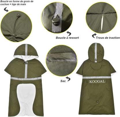 Green Waterproof Raincoat, 2XL for Small Dogs, Adjustable, Windproof, Reflective Strips