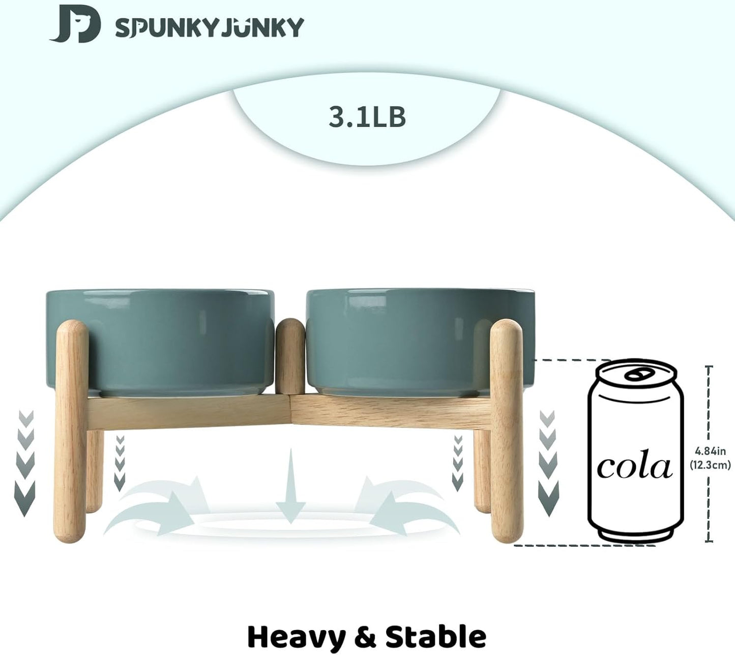 SPUNKYJUNKY Ceramics Raised Dog Bowls with Wooden Stand - Elevated Dog Feeding Set (Double 28.7OZ, Dark Green)