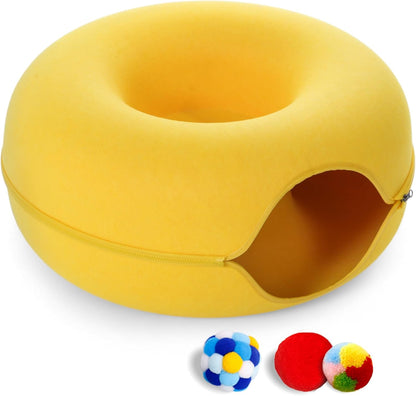 Large Cat Tunnel Bed for Indoor Cats with 3 Toys, Scratch Resistant Donut Cat Bed, Up to 30 Lbs (L 24x24x11, Yellow)