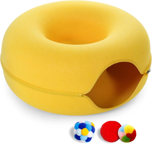 Large Cat Tunnel Bed for Indoor Cats with 3 Toys, Scratch Resistant Donut Cat Bed, Up to 30 Lbs (L 24x24x11, Yellow)