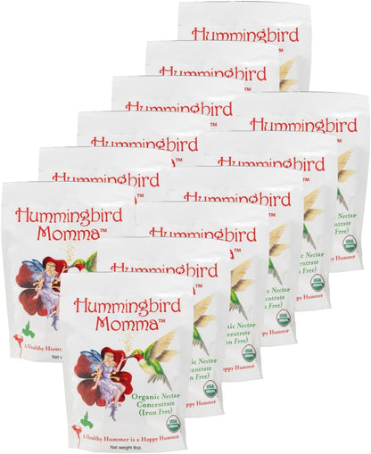 USDA Organic Hummingbird Nectar, Iron-Free, 12 x 8oz Concentrate Pouches, All-Natural, Dye-Free Nectar for Backyard Feeders, Bulk Hummingbird Food Mix for Outdoor Bird Lovers