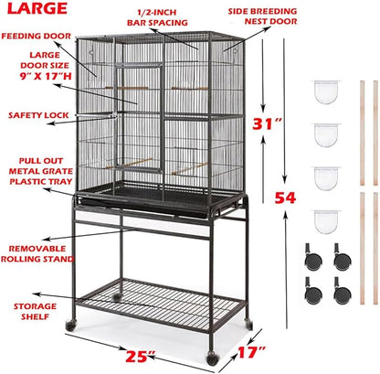 54" Large Wrought Iron Breeding Flight Canary Parakeet Cockatiel Lovebird Finch Cage Side Nesting Doors with Removable Rolling Stand