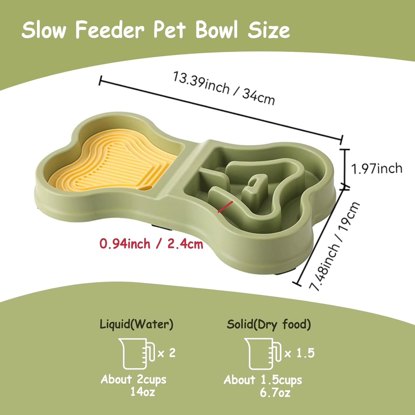 Bone Slow Feeder Bowl for Dogs Cats - 2-in-1 Lick Mat & Water Dish with 6 Non-Slip Pads, Food-Grade PP & Silicone Pet Bowl for Anti-Choking，Fun Feeding，Anxiety Relief (Green)