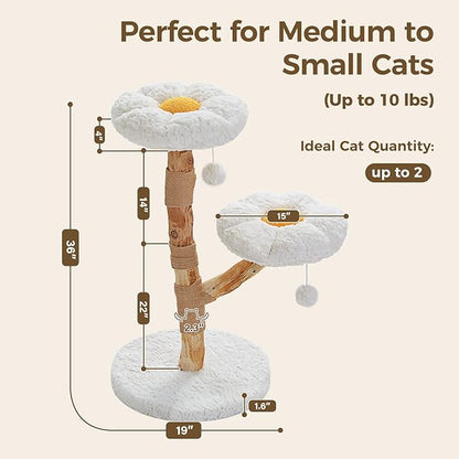 Wood Flower Cat Tree, Modern Cat Tower with Real Wood Branches, Luxury Boho Furniture with Scratching Post and 2 Perches, Cat Climbing Tower for Indoor Cats, Cloud White