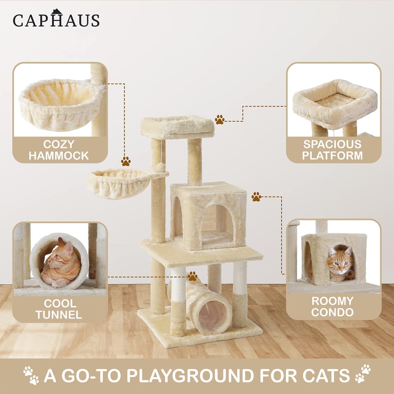CAPHAUS Large Cat Tree with Scratching Posts, Cave Condo, 40-Inch Multi-Level Indoor Activity Structure with Basket for Cats, Modern Sisal Wrapped Design