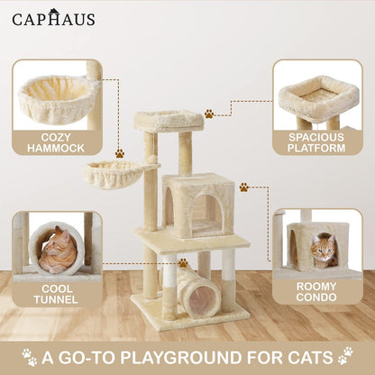 CAPHAUS Large Cat Tree with Scratching Posts, Cave Condo, 40-Inch Multi-Level Indoor Activity Structure with Basket for Cats, Modern Sisal Wrapped Design