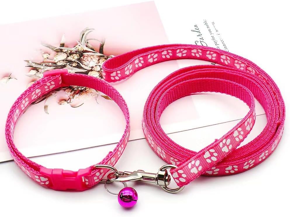 XS Dog Collar Leash Set, Nylon Puppy Collars with Bell Paw Print Basic Reflective Small Dog Collars Girls for XXS Xs Small Pet Animal Litter Tiny, Hot Pink