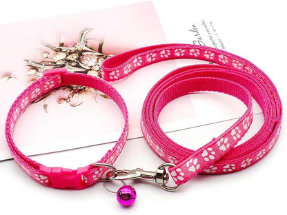 XS Dog Collar Leash Set, Nylon Puppy Collars with Bell Paw Print Basic Reflective Small Dog Collars Girls for XXS Xs Small Pet Animal Litter Tiny, Hot Pink