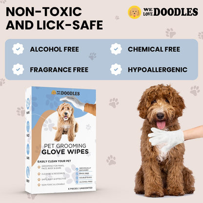 We Love Doodles Dog Cleaning Gloves Wipes - Pet Bathing Wipes for Dogs, Paws, Face, Body, Ears - Safe, Easy & Effective - Individually Packaged, Rinse-Free, Double-Sided, Alcohol-Free (6 Pieces)