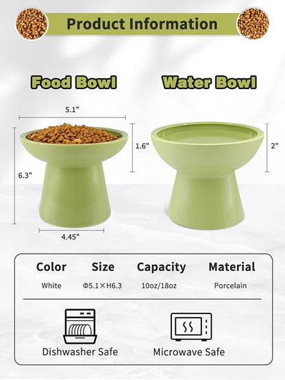LoeJan Elevated Food and Water Bowls Set, Extra Wide and Raised Ceramic Feeder, Anti-Vomit Whisker-Free Pressure Cat Bowl for Kittens to Adult Cats, Small Dogs (Green, Water Bowl)