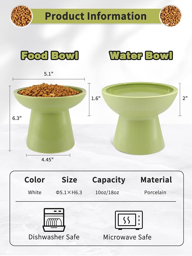 LoeJan Elevated Green Cat Bowls Set - Wide Raised Ceramic Feeder, Anti-Vomit Whisker-Free Bowl for Kittens to Adult Cats