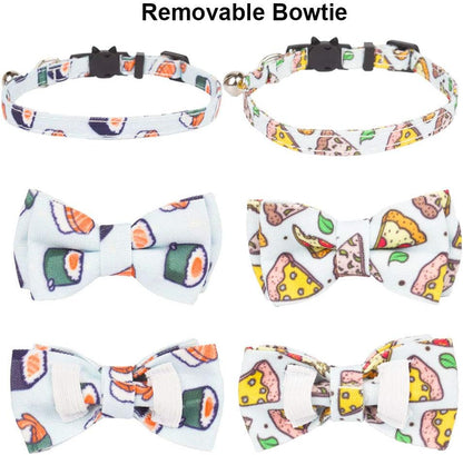 ADOGGYGO Cat Collar Breakaway with Bow Tie Bell - 2 Pack Kitten Collar with Removable Bowtie, Sushi Pizza Bowtie Collar for Cats Kittens (7.5"- 10.5")