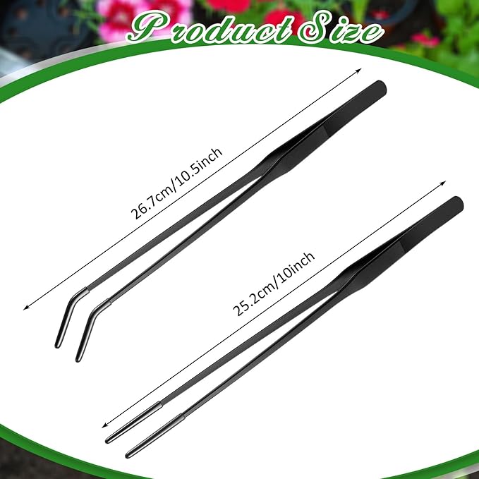 Lasnten 2 Pcs Extra Long Stainless Steel Reptile Feeding Tongs with Rubber Tip Bearded Dragon Aquarium Straight and Curved Long Tweezer Terrarium Feeder Tool for Tank(Black, 10 Inch, 10.5 Inch)