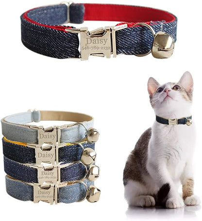 Personalized Cat Collar with Name Plate,Adjustable Tough Nylon Cat ID Collars with Bell,Customize Engraved Pet Name and Phone Number (Jean Style)
