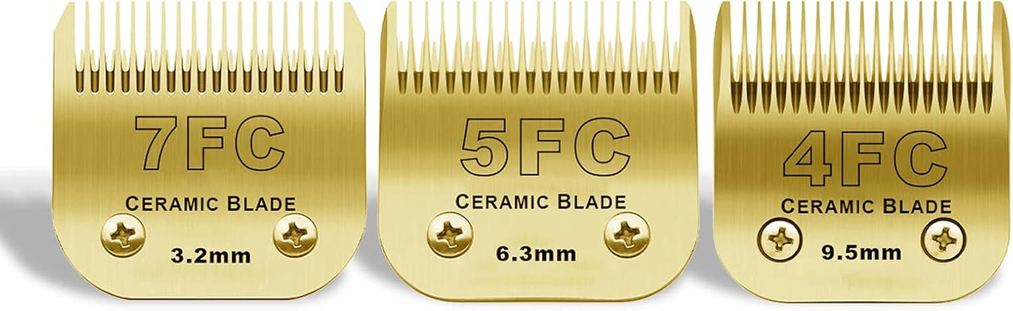 7FC/5FC/4FC Detachable Pet Dog Grooming Clipper Ceramic Blades Set,Compatible with Andis,Oster A5,Wahl KM10 Series Clippers,3 Pack,Gold