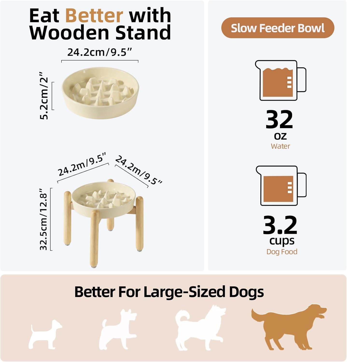 Ceramic 3.2 Cup Dog Raised Slow Feeder Set, Elevated Bowl with Wooden Stand for Large Dog, 9.5inch Slow Feeder Dish for Fast Easters, Anti-Gulping(Beige, Single Bowl+ Stand)
