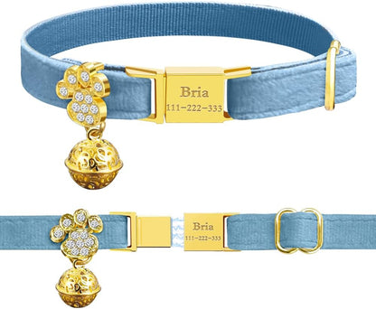 Personalized Breakaway Cat Collars - Magnetic Buckle, Bell - Safety Quick Release, Customized for Girls & Boys Cats- (Velvet-Sky Blue)