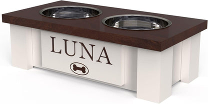 GrooveThis Woodshop - Personalized Elevated Dog Bowl Stand for Large, Medium, Small, X-Small Dogs - Stainless Steel Food and Water Bowls - Raised Dog Dish with Internal Storage (X-Small, Dark Walnut)