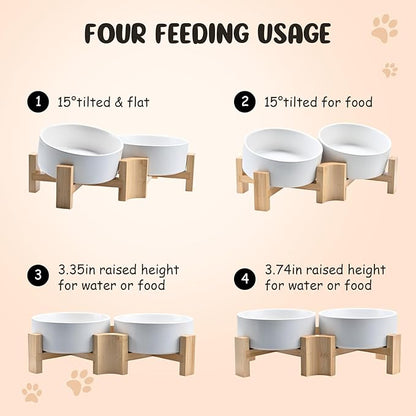 SPUNKYJUNKY 15° Slanted Ceramic Dog and Cat Bowl with Wooden Stand, Tilted Bulldog Food and Water Bowl No Slip Non-Spill for Cats Medium Dogs Big Face Pets 13.5 OZ (1.7 Cups, White × 2)