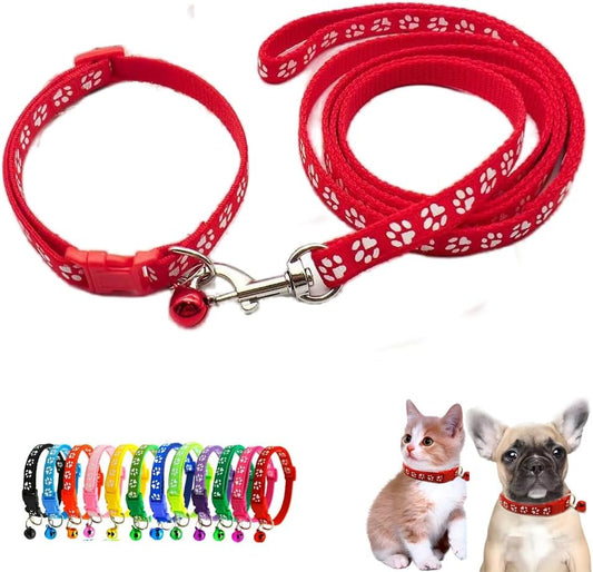 Red Small Puppy Collar Girl Leash Set, Nylon Basic Reflective Puppy Collars Paw Print for XXS Xs Small Dog Cat Pet Animal Litter Tiny Kitten Boy Girls