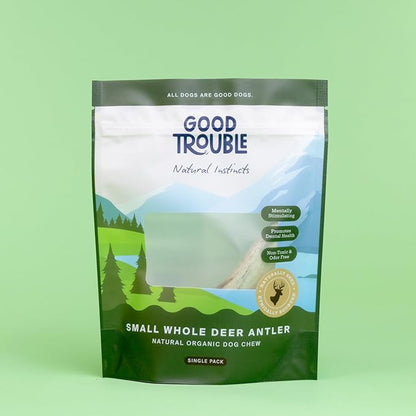 Good Trouble Premium Deer Antlers for Small Dogs – 1 Whole Antler Pets - North American Sourced Deer Antlers for Dental Health & Anxiety Relief - Odor-Free & Non-Toxic Chew Bone for Dogs