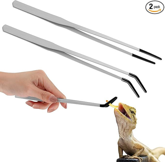 Lasnten 2 Pcs Extra Long Stainless Steel Reptile Feeding Tongs with Rubber Tip Bearded Dragon Aquarium Straight and Curved Long Tweezer Terrarium Feeder Tool for Tank(Silver, 10 Inch, 10.5 Inch)