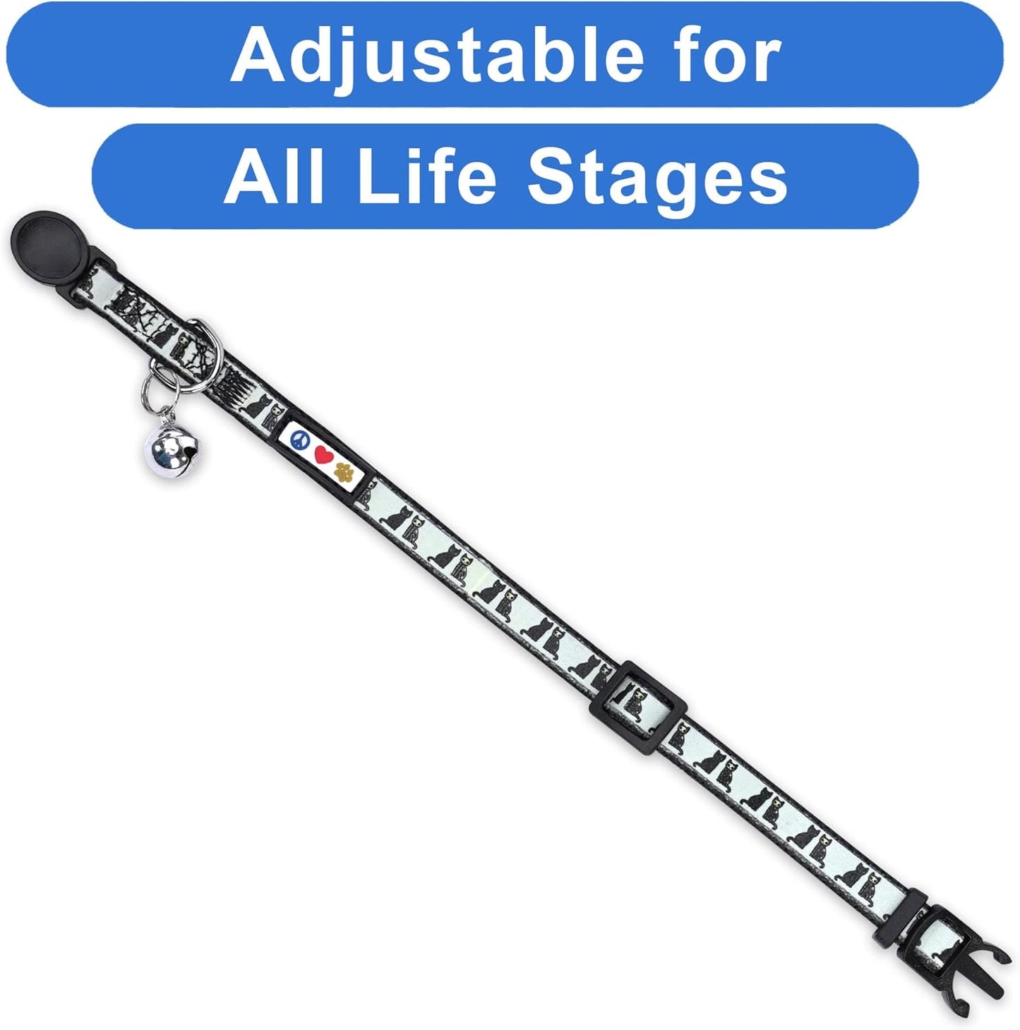 Pawtitas Halloween Cat Collars for Cats Adjustable Collar Glow in The Dark Feature and Safety Breakaway Buckle and Removable Bell to Match Your Halloween Cat's Costume - Black Cat Pattern